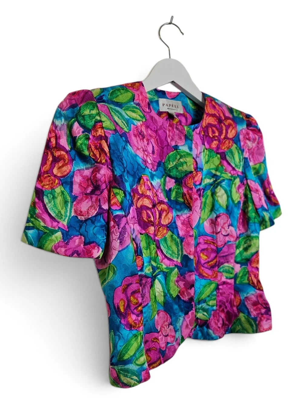 Vintage Papell Petites Blouse Size 2 100% Silk Floral Power Dressing Multicolors